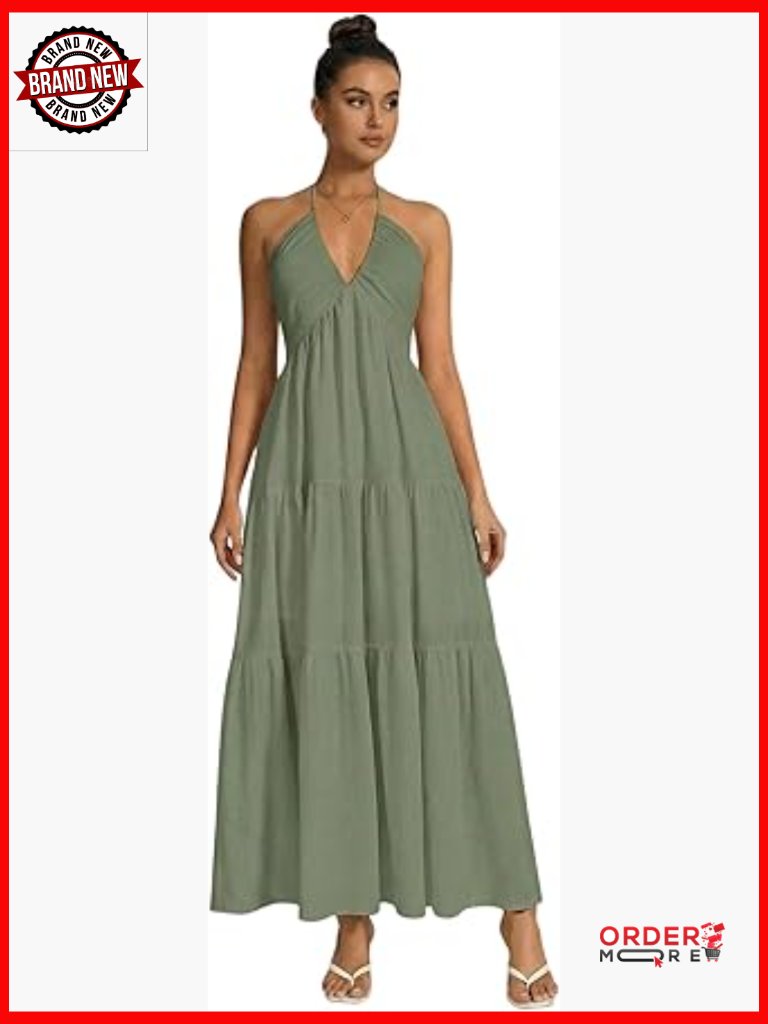 Backless Halter Maxi Dress Sleeveless Flowy A-Line Wedding Guest Beach